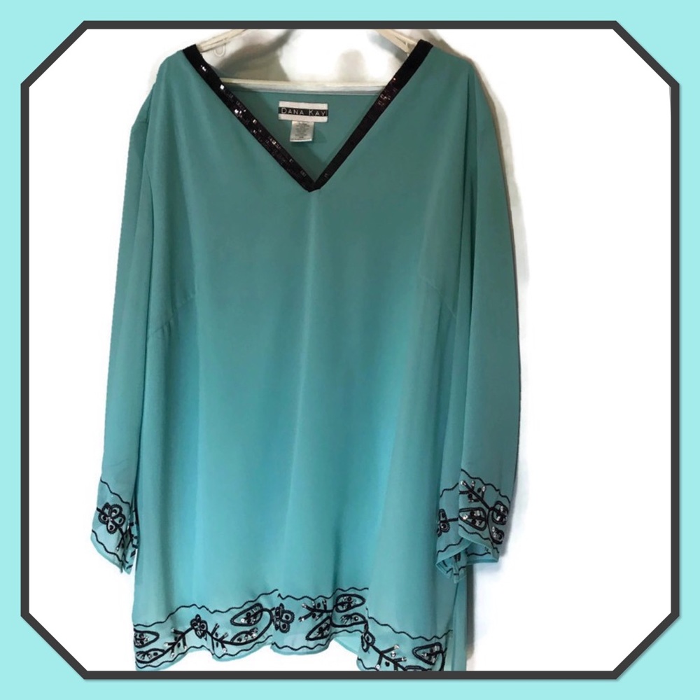 Turquoise and black decorative sequin tunic top